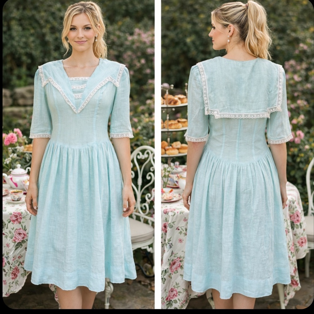 Vintage Baby Blue Cottagecore Dress with Lace Trim